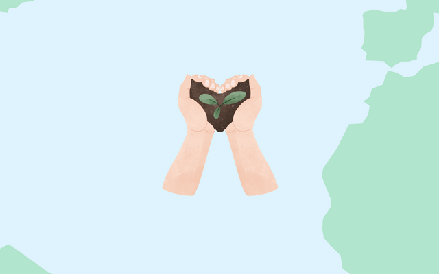 Zwei Hände halten eine Pflanze mit Erde vor einer stilisierten Weltkarte. @Canva